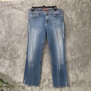 Vigoss Jeans Women's size 15 Distressed Blue Flare Boot Mid Rise Stretch Denim